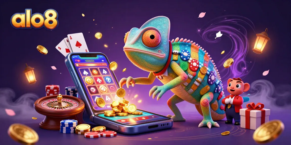 Alo8 offers exciting casino games, embodied by a colorful chameleon owner amid golden coins and spinning slots.