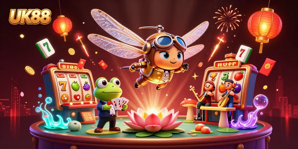 Engage with UK88 in this vibrant casino scene featuring slot reels and a frog croupier.