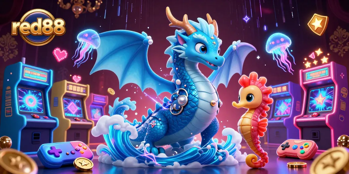 Experience excitement with red88 as you engage with dynamic arcade games alongside a vibrant water dragon, seahorse knight, and jellyfish.