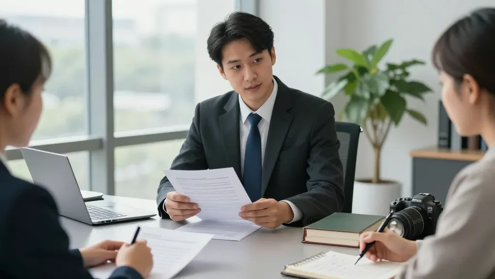 Lawyer consulting with client about websites and legal matters in a modern office setting.
