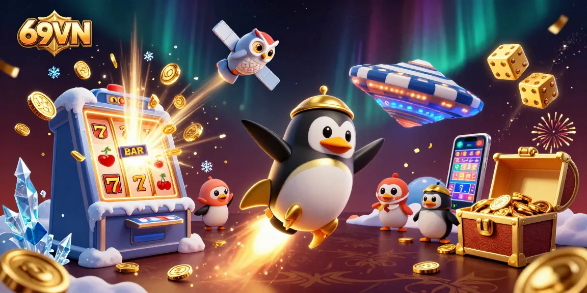 Experience the thrill of gambling with 69VN, featuring winning elements like golden penguins and jackpot explosions.