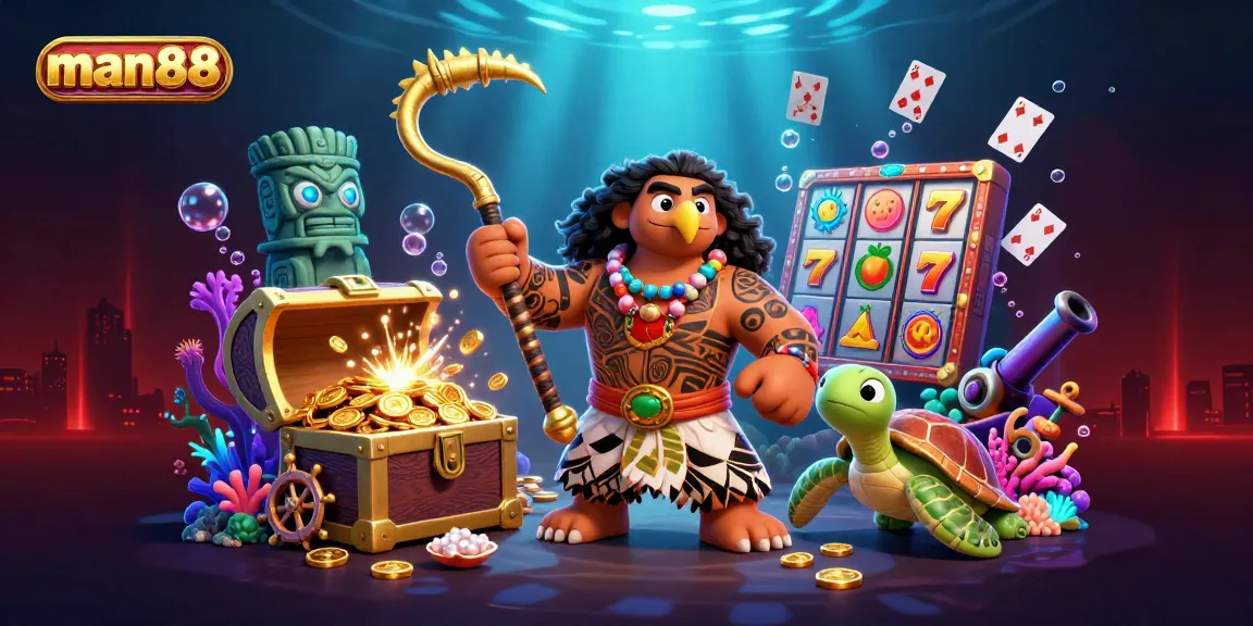 Engage with man88's vibrant casino adventure featuring a demigod and turtle in a dynamic, colorful scene.