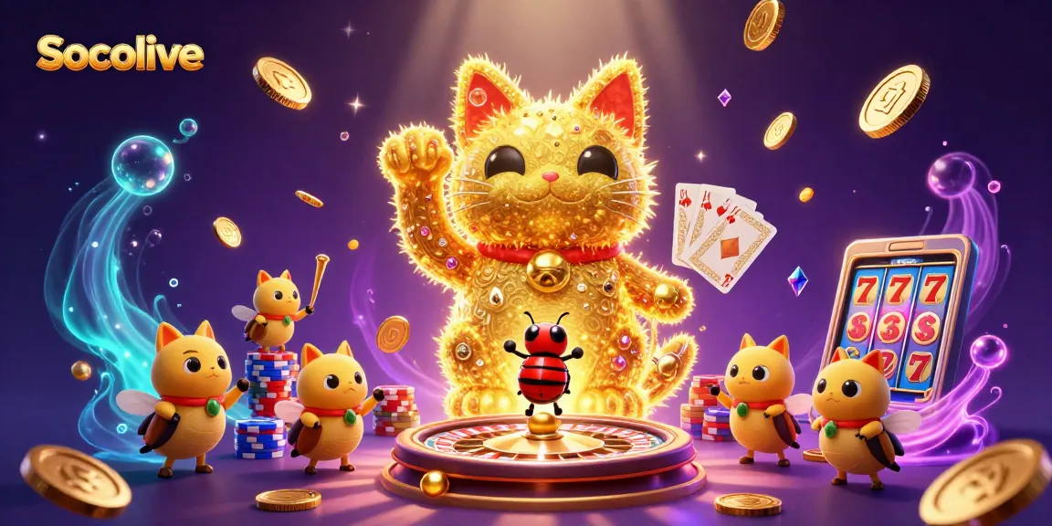 Socolive's dynamic gaming scene with a lucky cat, golden coins, and vibrant roulette for gamers