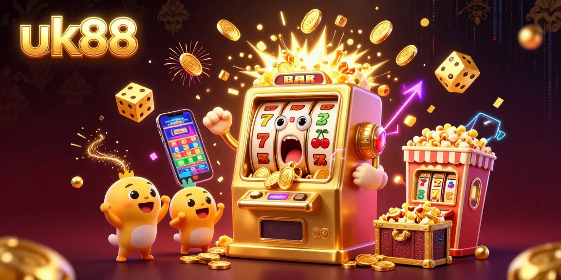uk88 slot machine celebrates a jackpot victory with coins flying amidst a lively casino scene.