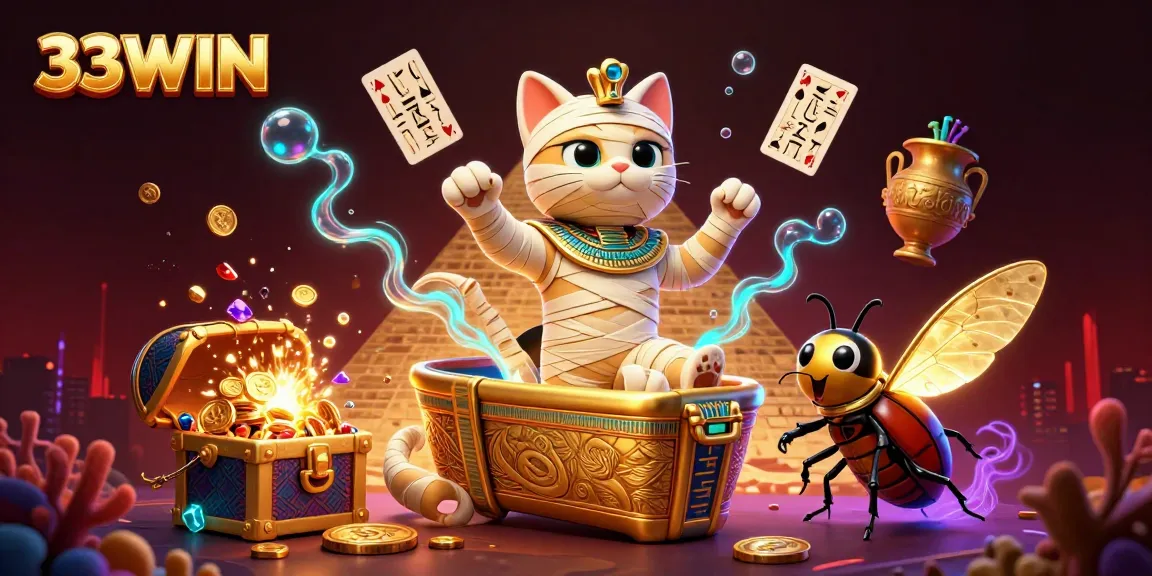 33WIN offers thrilling slots with 3D cartoon Egyptian mummy cat and golden treasures.