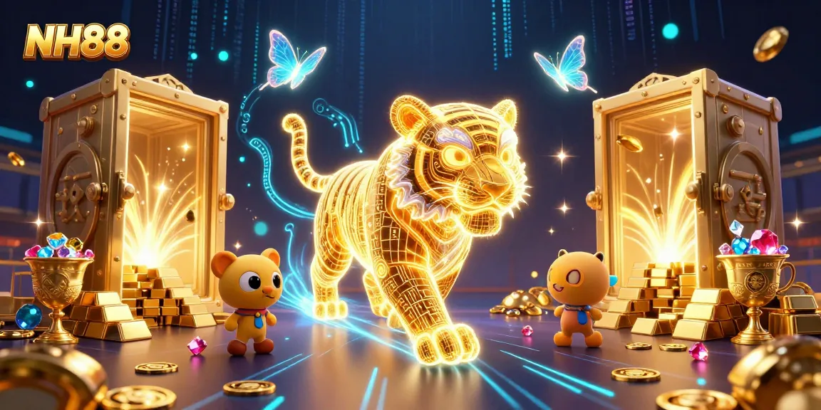 Experience the excitement at NH88 as it showcases a dazzling digital casino with a golden tiger and vibrant gems.