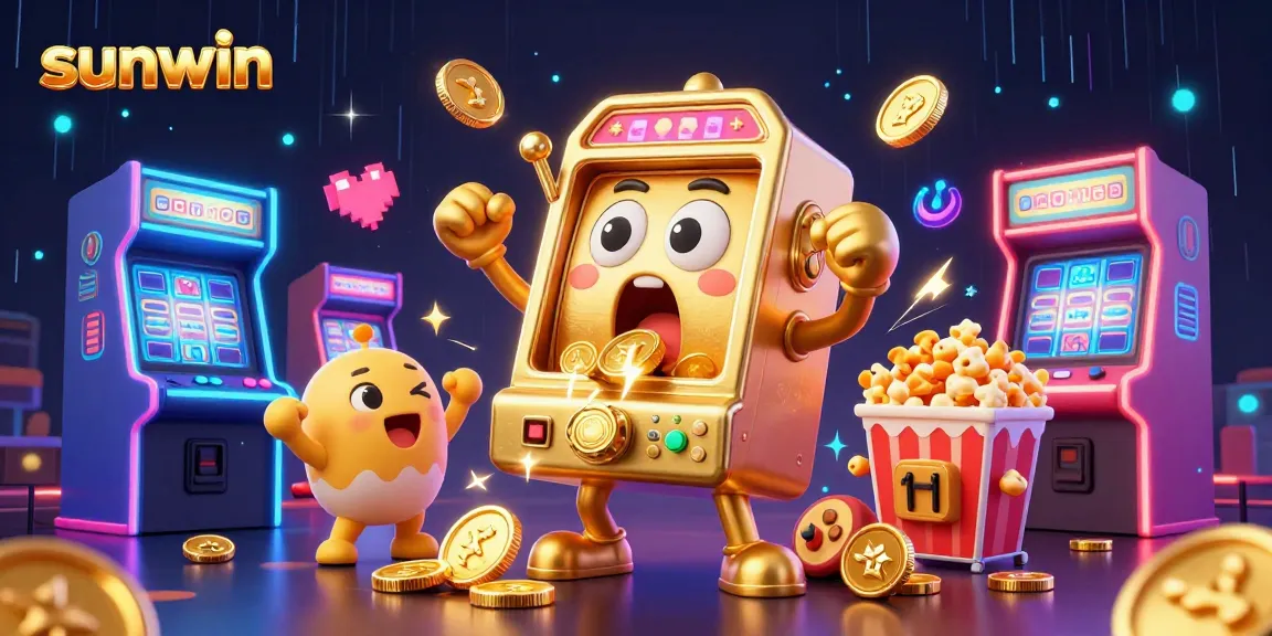 Win big with sunwin as a golden slot machine hits the jackpot, coins flying everywhere in this vibrant casino scene.