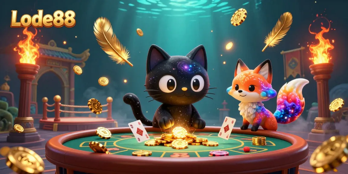 Lode88's black hole cat and nebula fox captivate players at a cosmic casino table.