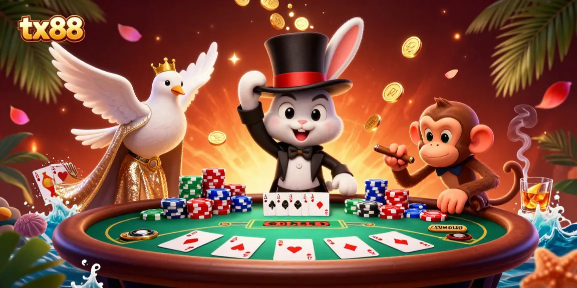 Engaging tx88 casino scene with a magician rabbit, dove, and monkey amid poker chips and cards.