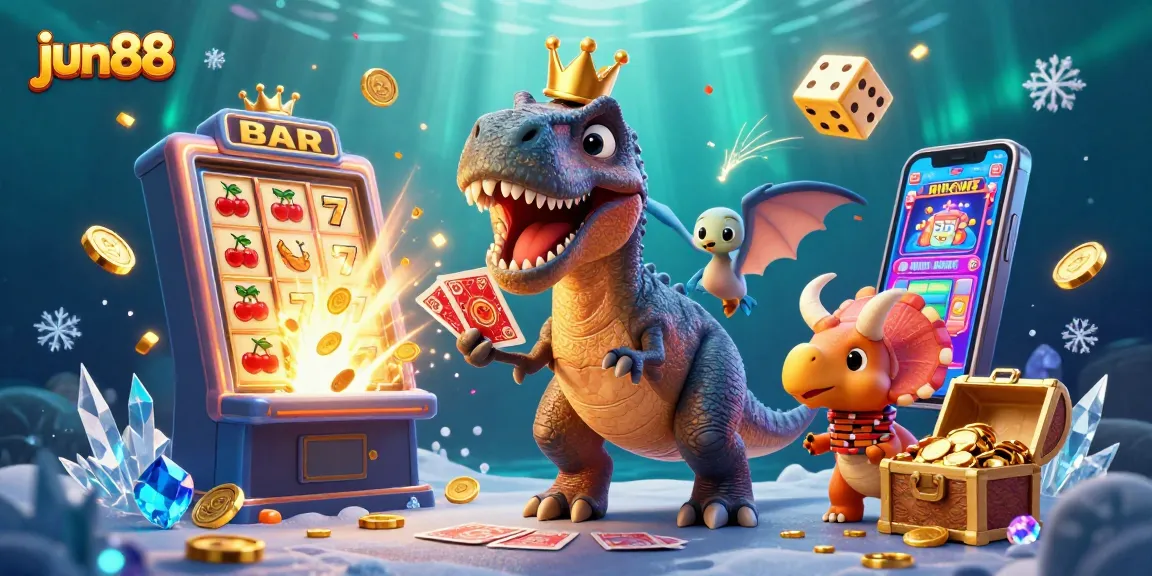 Experience exciting gaming action with jun88's vibrant casino-themed illustration featuring playful dinosaur characters.